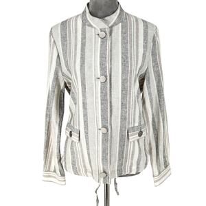 Jones NY Jacket Womens Medium Ivory Gray Linen Blend Mandarin Collar Blazer